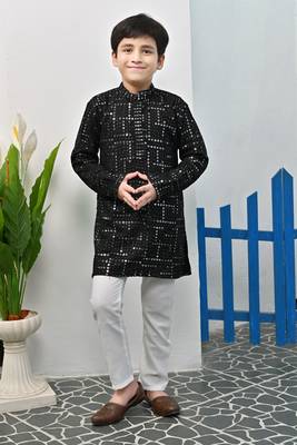 Boys rayon mirror work chikankari embroidered kurta pyjama set - black 1