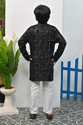 Boys rayon mirror work chikankari embroidered kurta pyjama set - black 2