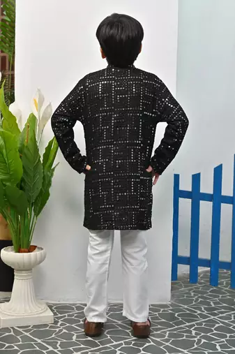 Boys rayon mirror work chikankari embroidered kurta pyjama set - black