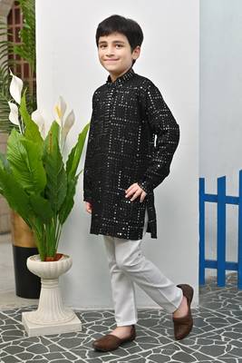 Boys rayon mirror work chikankari embroidered kurta pyjama set - black 3