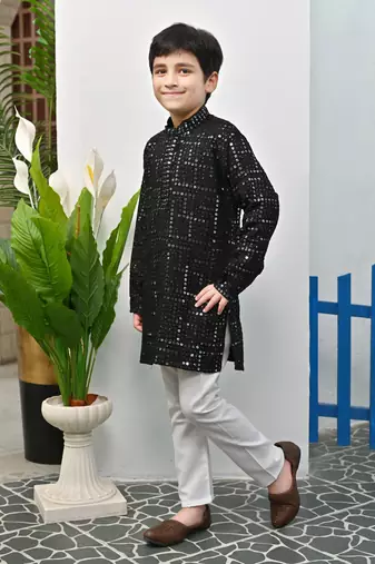 Boys rayon mirror work chikankari embroidered kurta pyjama set - black