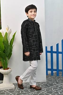 Boys rayon mirror work chikankari embroidered kurta pyjama set - black 4