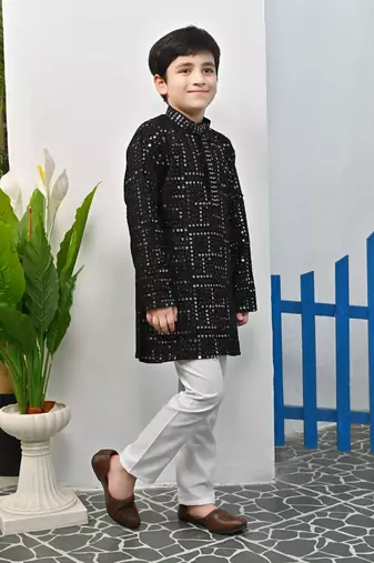Boys rayon mirror work chikankari embroidered kurta pyjama set - black