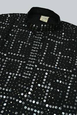 Boys rayon mirror work chikankari embroidered kurta pyjama set - black 5