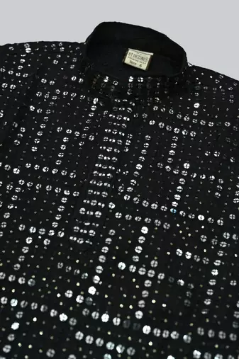 Boys rayon mirror work chikankari embroidered kurta pyjama set - black