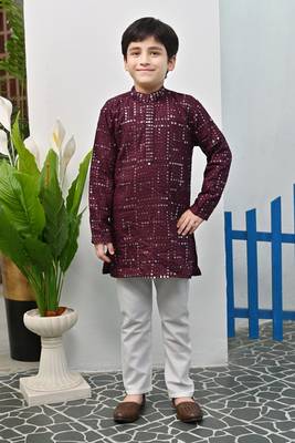 Boys rayon mirror work chikankari embroidered kurta pyjama set - wine 1