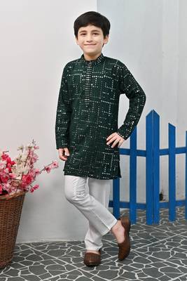 Boys rayon mirror work chikankari embroidered kurta pyjama set - dark green 1