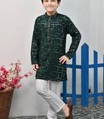 Boys rayon mirror work chikankari embroidered kurta pyjama set - dark green