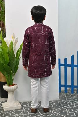 Boys rayon mirror work chikankari embroidered kurta pyjama set - wine 2