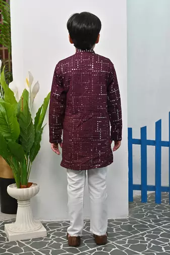 Boys rayon mirror work chikankari embroidered kurta pyjama set - wine