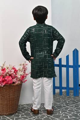 Boys rayon mirror work chikankari embroidered kurta pyjama set - dark green 2