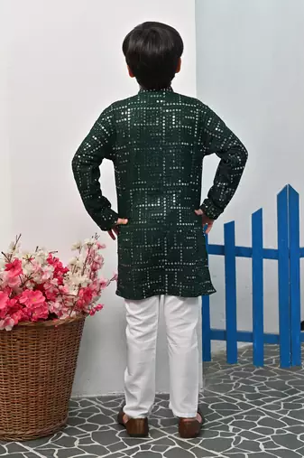 Boys rayon mirror work chikankari embroidered kurta pyjama set - dark green