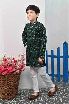 Boys rayon mirror work chikankari embroidered kurta pyjama set - dark green 3