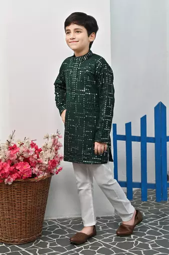 Boys rayon mirror work chikankari embroidered kurta pyjama set - dark green