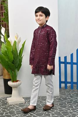 Boys rayon mirror work chikankari embroidered kurta pyjama set - wine 3