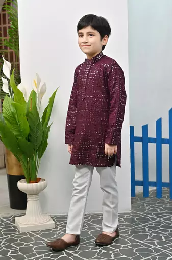 Boys rayon mirror work chikankari embroidered kurta pyjama set - wine