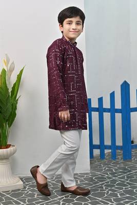 Boys rayon mirror work chikankari embroidered kurta pyjama set - wine 4