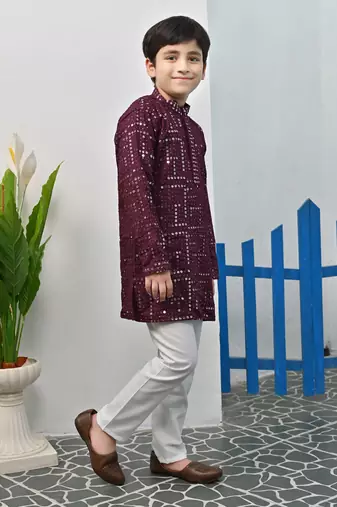 Boys rayon mirror work chikankari embroidered kurta pyjama set - wine