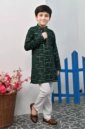 Boys rayon mirror work chikankari embroidered kurta pyjama set - dark green
