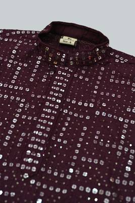 Boys rayon mirror work chikankari embroidered kurta pyjama set - wine 5