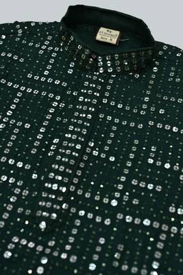 Boys rayon mirror work chikankari embroidered kurta pyjama set - dark green 5