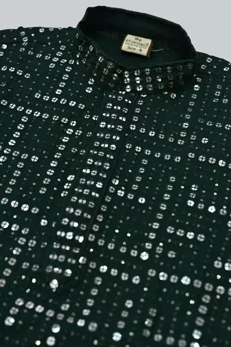 Boys rayon mirror work chikankari embroidered kurta pyjama set - dark green