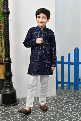 Boys rayon mirror work chikankari embroidered kurta pyjama set - navy blue 1