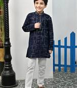 Boys rayon mirror work chikankari embroidered kurta pyjama set - navy blue