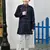 Boys rayon mirror work chikankari embroidered kurta pyjama set - navy blue