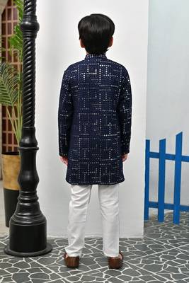 Boys rayon mirror work chikankari embroidered kurta pyjama set - navy blue 2