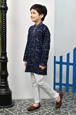 Boys rayon mirror work chikankari embroidered kurta pyjama set - navy blue 3
