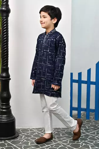 Boys rayon mirror work chikankari embroidered kurta pyjama set - navy blue