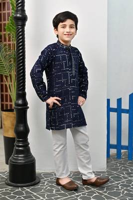 Boys rayon mirror work chikankari embroidered kurta pyjama set - navy blue 4