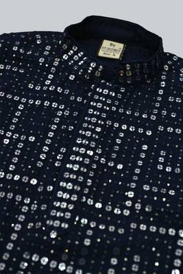 Boys rayon mirror work chikankari embroidered kurta pyjama set - navy blue 5