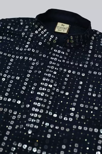 Boys rayon mirror work chikankari embroidered kurta pyjama set - navy blue