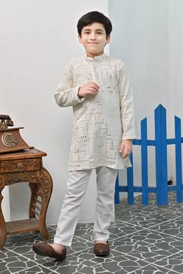 Boys rayon mirror work chikankari embroidered kurta pyjama set - offwhite 1