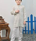 Boys rayon mirror work chikankari embroidered kurta pyjama set - offwhite