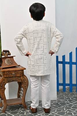 Boys rayon mirror work chikankari embroidered kurta pyjama set - offwhite 2
