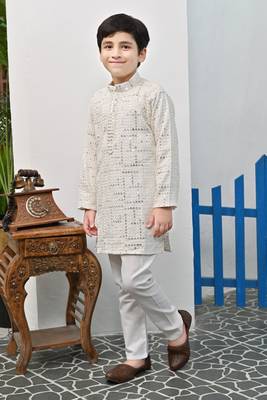 Boys rayon mirror work chikankari embroidered kurta pyjama set - offwhite 3