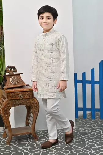 Boys rayon mirror work chikankari embroidered kurta pyjama set - offwhite