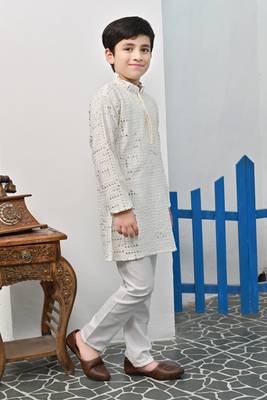 Boys rayon mirror work chikankari embroidered kurta pyjama set - offwhite 4