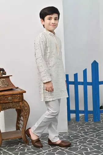 Boys rayon mirror work chikankari embroidered kurta pyjama set - offwhite