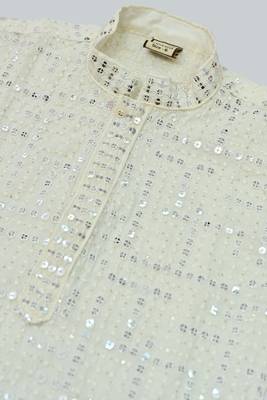 Boys rayon mirror work chikankari embroidered kurta pyjama set - offwhite 5