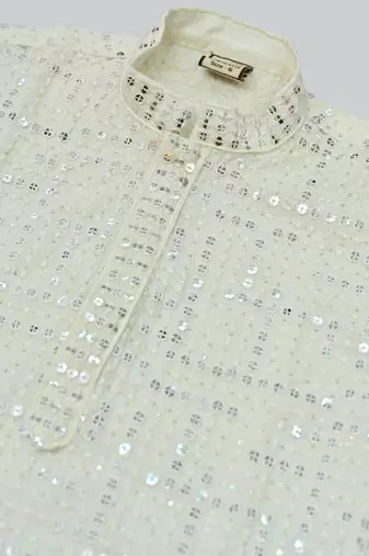 Boys rayon mirror work chikankari embroidered kurta pyjama set - offwhite