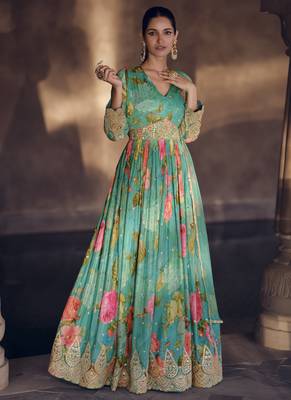 Turquoise real georgette embroidered anarkali suit 1
