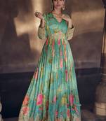 Turquoise real georgette embroidered anarkali suit