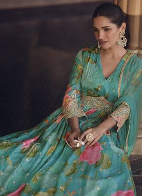 Turquoise real georgette embroidered anarkali suit 2