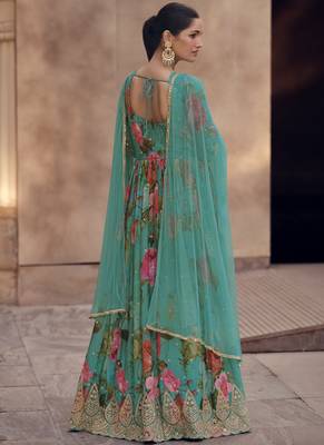 Turquoise real georgette embroidered anarkali suit 4
