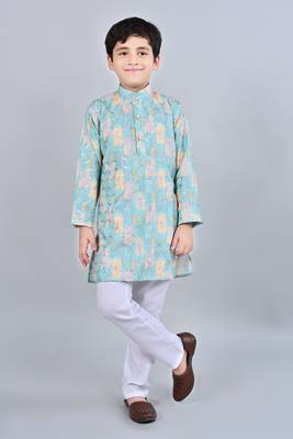 Boys rayon digital hd print sequined kurta pajama set - turquoise 1