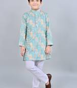 Boys rayon digital hd print sequined kurta pajama set - turquoise